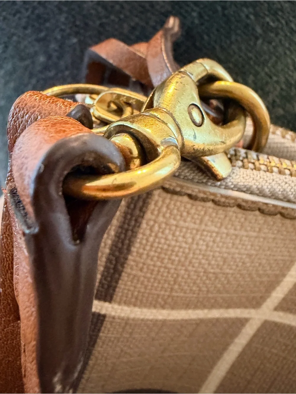 Fossil Devon Greige and Brown Plaid Crossbody Bag with Key Charm